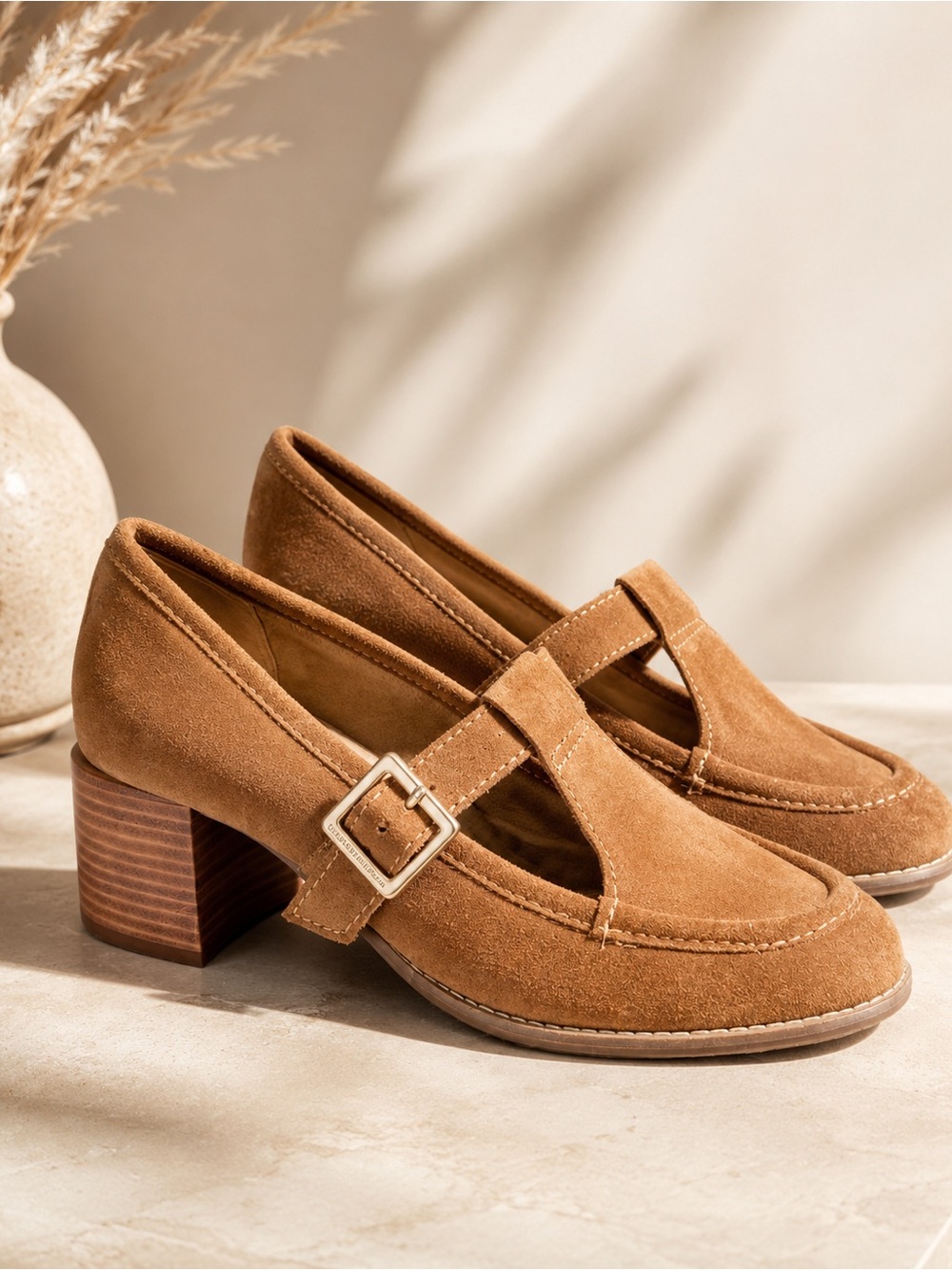 Kelsi Dagger Brooklyn Suede Mary Jane Heels Camel Tan Block Heel Loafers  7.5